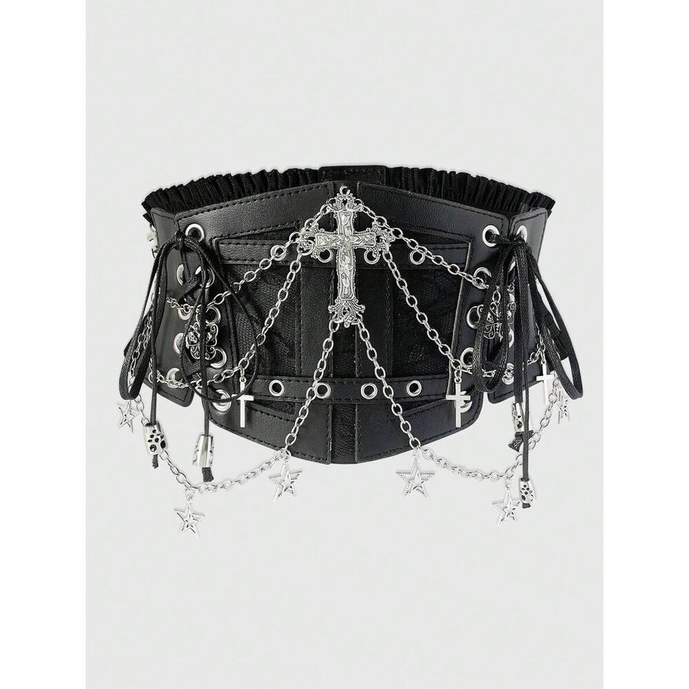 Black Goth Gothic Angel Punk Corset Waist Cincher Style Chain Lace Up Belt S